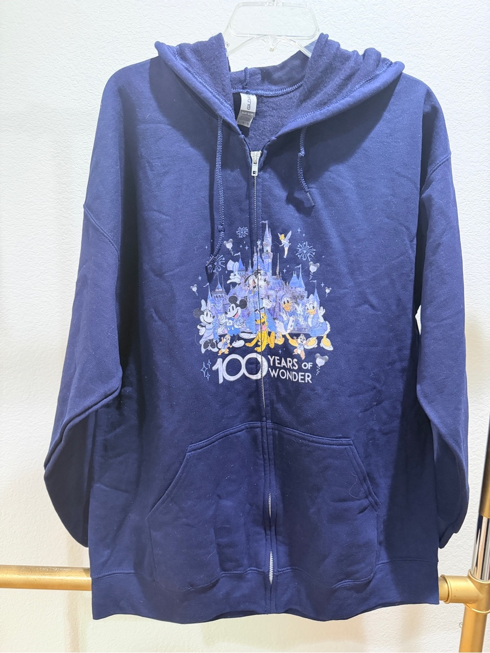Disney 100 Years Adult Navy Zip-Up Hoodie with Castle Graphic